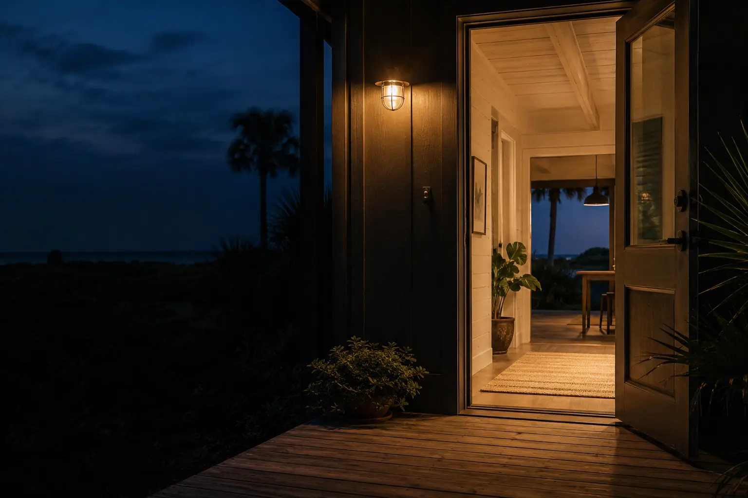 An open coastal doorway and warm porch light at early evening